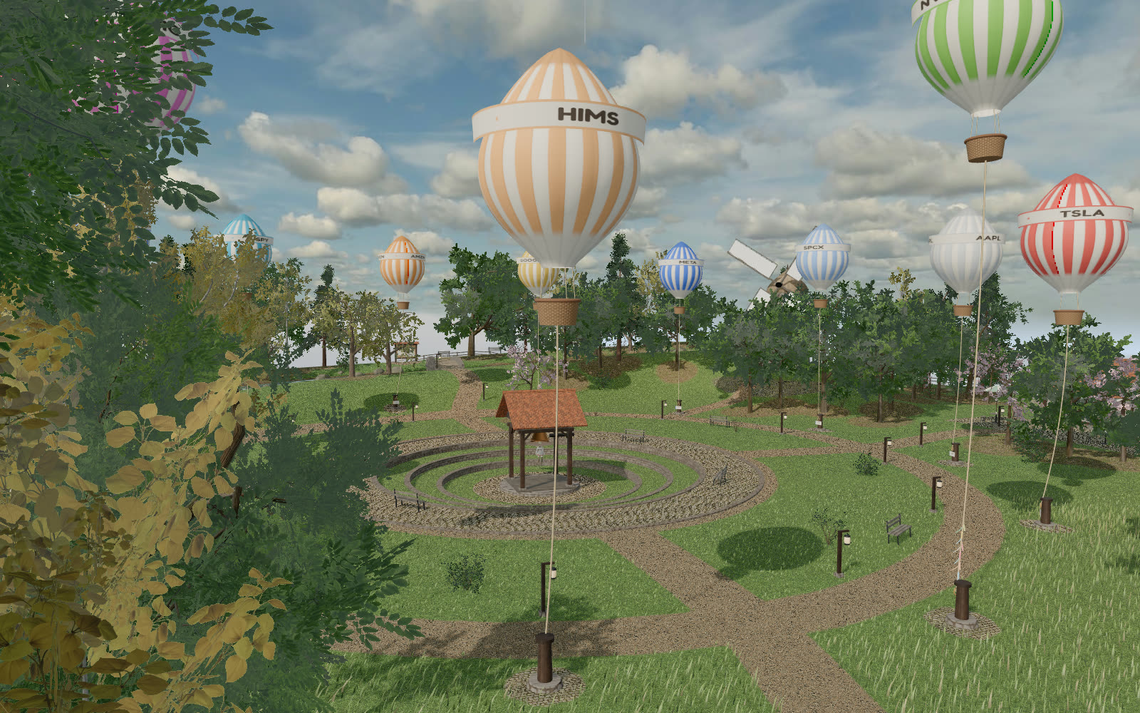 The island: balloons over the meadow, the bell house in the pit, the café and the windmill